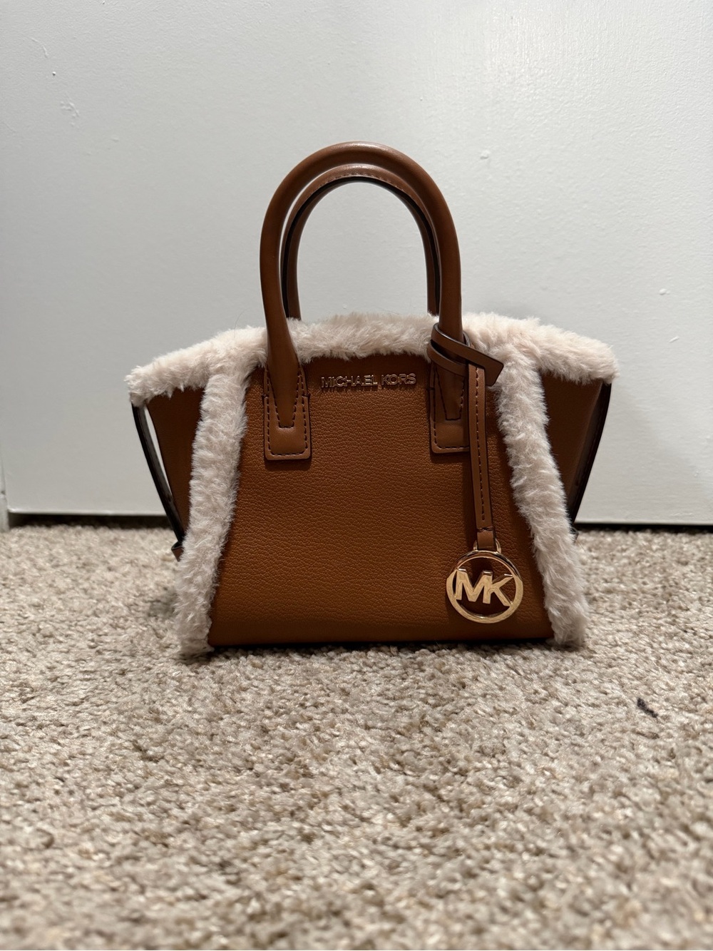 Michael Kors Mini Brown Mini Satchel with Cream Shearling Trim